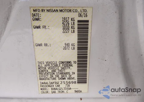 2016 Nissan Altima 2.5/2.5 S/2.5 Sl/2.5 Sr/2.5 Sv z USA, uszkodzony, nr VIN 1N4AL3AP3GC255698